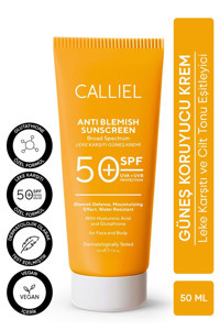 Calli̇el 50 Faktör Tüm Ciltler İçin Leke Karşıtı Nemlendirici Yağsız Suya Dayanıklı Yüz ve Vücut Güneş Kremi 50 ml
