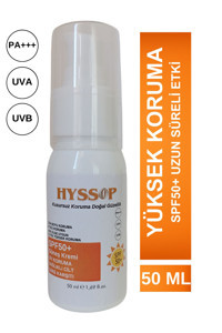 Hyssop Naturel 50 Faktör Tüm Ciltler İçin Leke Karşıtı Nemlendirici Yağsız Suya Dayanıklı Yüz ve Vücut Güneş Kremi 50 ml
