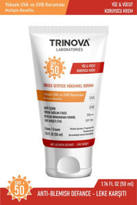 Trinova 50 Faktör Tüm Ciltler İçin Leke Karşıtı Nemlendirici Yağsız Suya Dayanıklı Yüz ve Vücut Güneş Kremi 50 ml