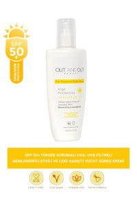 Out And Out Beauty Sun Protection Body Lotion 50 Faktör Tüm Ciltler İçin Leke Karşıtı Nemlendirici Yağsız Suya Dayanıklı Yüz ve Vücut Güneş Kremi 200 ml