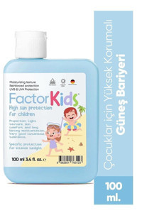 Factor100 Kids 50 Faktör Tüm Ciltler İçin Leke Karşıtı Nemlendirici Yağsız Suya Dayanıklı Yüz ve Vücut Güneş Kremi 100 ml