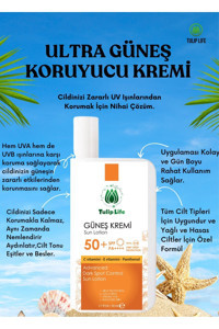 Tuliplife 50 Faktör Tüm Ciltler İçin Leke Karşıtı Nemlendirici Yağsız Suya Dayanıklı Yüz ve Vücut Güneş Kremi 50 ml