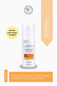 Ludita 50 Faktör Tüm Ciltler İçin Leke Karşıtı Nemlendirici Yağsız Suya Dayanıklı Yüz Güneş Kremi 50 ml