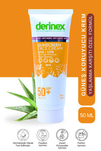 Derinex 50 Faktör Tüm Ciltler İçin Nemlendirici Yaşlanma Karşıtı Suya Dayanıklı Yüz Güneş Kremi 50 ml