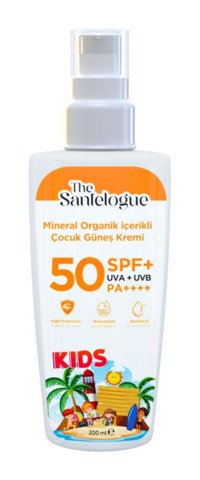 The Santelogue Organik 50 Faktör Tüm Ciltler İçin Leke Karşıtı Nemlendirici Yağsız Suya Dayanıklı Yüz ve Vücut Güneş Kremi 200 ml