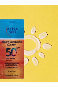 Ayna Sun 50 Faktör Tüm Ciltler İçin Leke Karşıtı Nemlendirici Yağsız Suya Dayanıklı Yüz ve Vücut Güneş Losyonu 200 ml