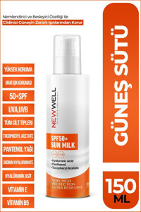 New Well Sun Milk 50 Faktör Tüm Ciltler İçin Leke Karşıtı Nemlendirici Yağsız Suya Dayanıklı Yüz ve Vücut Güneş Sütü 150 ml