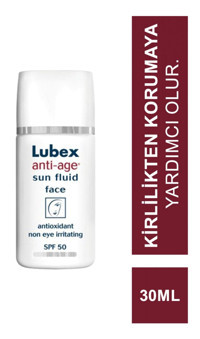 Lubex Anti-Age Sun Fluid Face 50 Faktör Hassas Ciltler İçin Leke Karşıtı Nemlendirici Yaşlanma Karşıtı Yağsız Suya Dayanıklı Yüz Ve Vücut Güneş Kremi 30 ml
