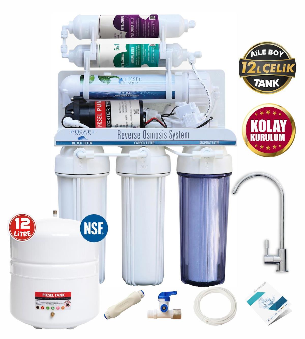 Piksel Aqua Master 10 Aşamalı 12 lt Açık Kasa Pompalı Tezgah Altı Su Arıtma Cihazı