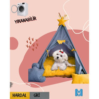 Mavi Vitrin Yıkanabilir Tek Fonksiyonlu 60x60 cm Çadır Kedi Yatağı Gri