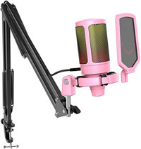 Fifine A6T Profesyonel Condenser Type C Kablolu Yayıncı USB RGB Oyuncu Masaüstü Mikrofonu Pembe