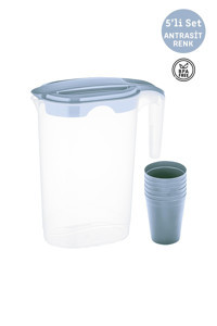 Master Plastik 1.75 lt Antrasit Plastik Kapaklı Sürahi + 5'li Plastik Bardak