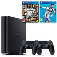 Sony Playstation 4 Slim 500 GB + 2 DualShock Kol + PS4 FIFA 19 + PS4 Grand Theft Auto 5