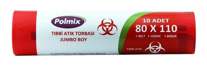 Polmix Tıbbi Atık Jumbo Boy 80x110 cm Çöp Poşeti 100 Adet Kırmızı