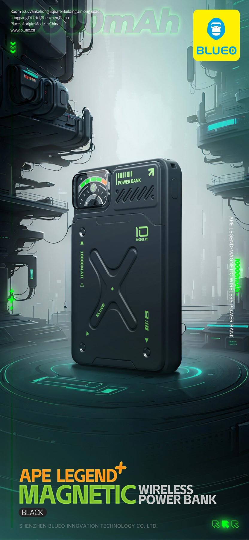 Blueo Ape Legend 10000 mAh Hızlı Şarjlı Kablosuz Powerbank Siyah