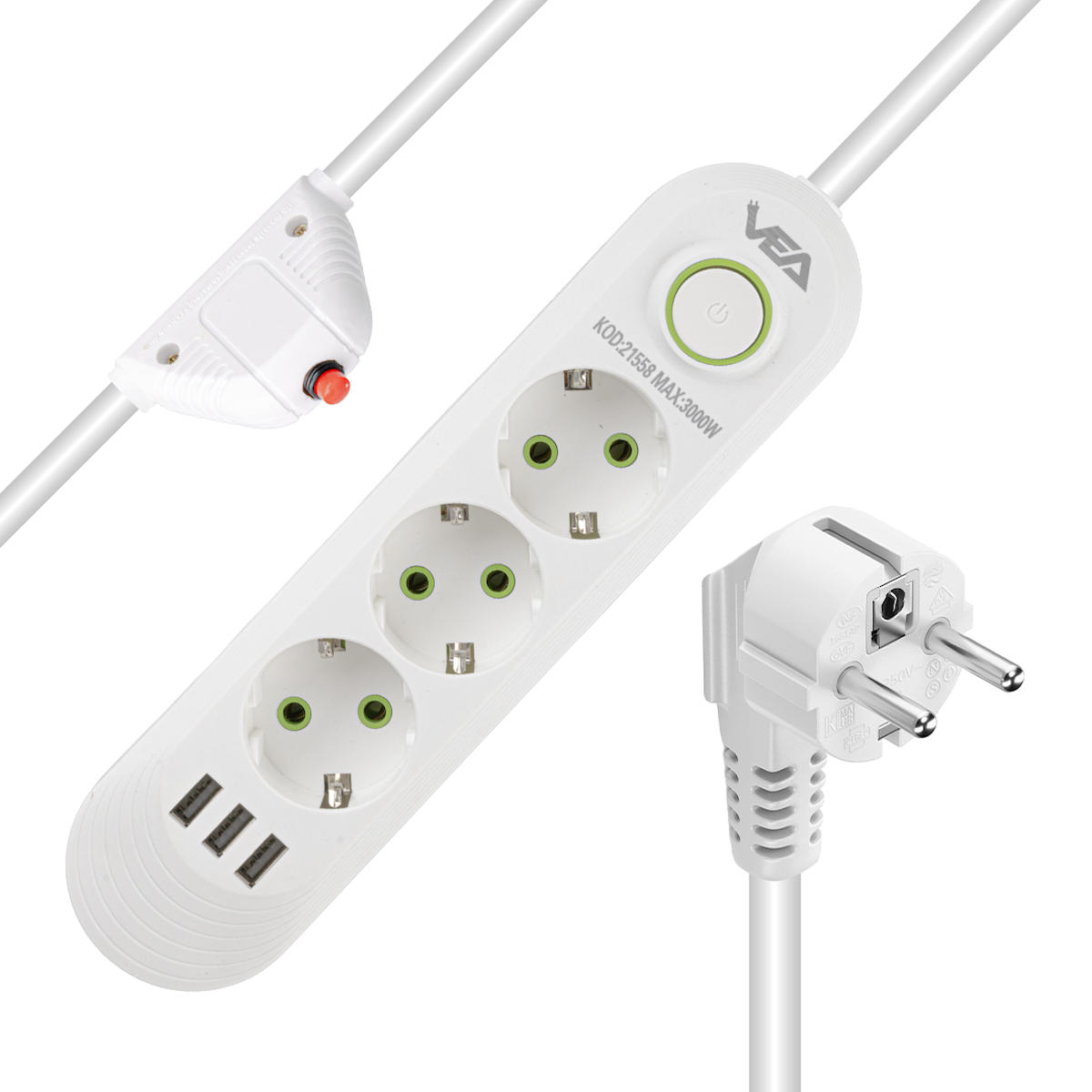 Vea VA-21558 3lü Soket 1.5 Metre 3'lü USB Kablolu Tekli Akım Korumalı Priz