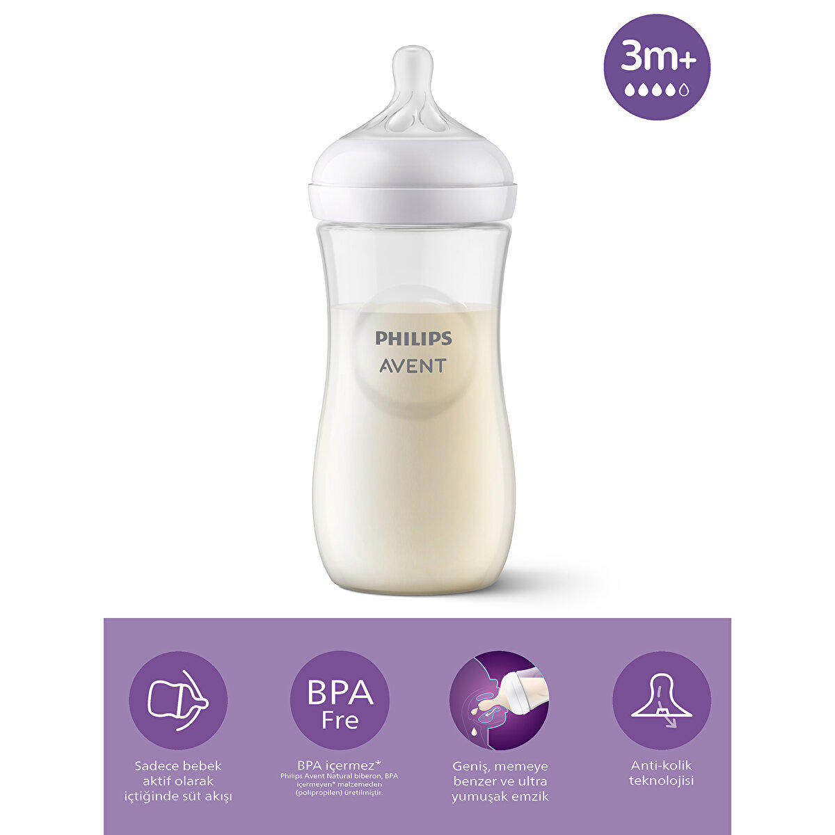 Philips Avent SCY906/01 Polipropilen Antikolik 3+ Ay Beyaz Damaklı Biberon 330 ml