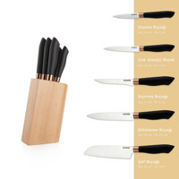 Schafer Keen 20-24-27-29-30 cm Plastik Saplı Paslanmaz Çelik 6 Parça Standlı Ahşap Bloklu Bıçak Seti