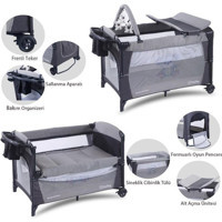 Hoffie Sleep Side Play Demir 35 kg Kapasiteli Ayarlanabilir Taşınabilir Ara Katlı 116x70 cm Sallanan Anne Yanı Park Yatak Gri