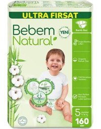 Bebem Natural Pamuksu Yumuşaklık 5 Numara Yıkanabilir Bebek Bezi 160 Adet