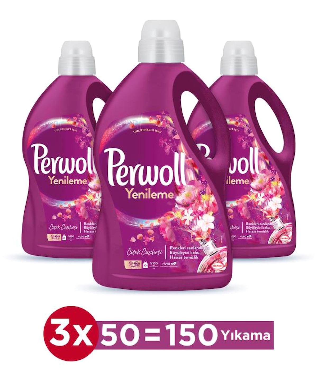 Perwoll Yenileme Çiçek Cazibesi Renkliler İçin 150 Yıkama Sıvı Deterjan 3x2.7 lt