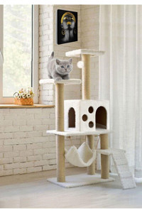 Nursoft B-10 Hamaklı Oturaklı Oyuncaklı Merdivenli Katlı 125 cm Kedi Tırmalama Evi
