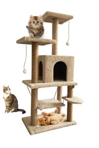 Nursoft Oturaklı Oyuncaklı Merdivenli Katlı 115 cm Kedi Tırmalama Evi Bej