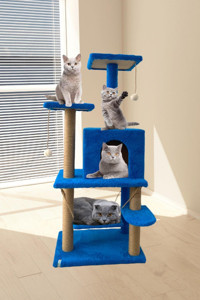 Nursoft Oturaklı Oyuncaklı Katlı 115 cm Kedi Tırmalama Evi Mavi