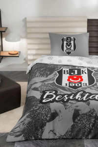 Nishev Beşiktaş Pamuk 160x220 cm Çarşaflı Tek Kişilik Nevresim Takımı Beyaz-Siyah