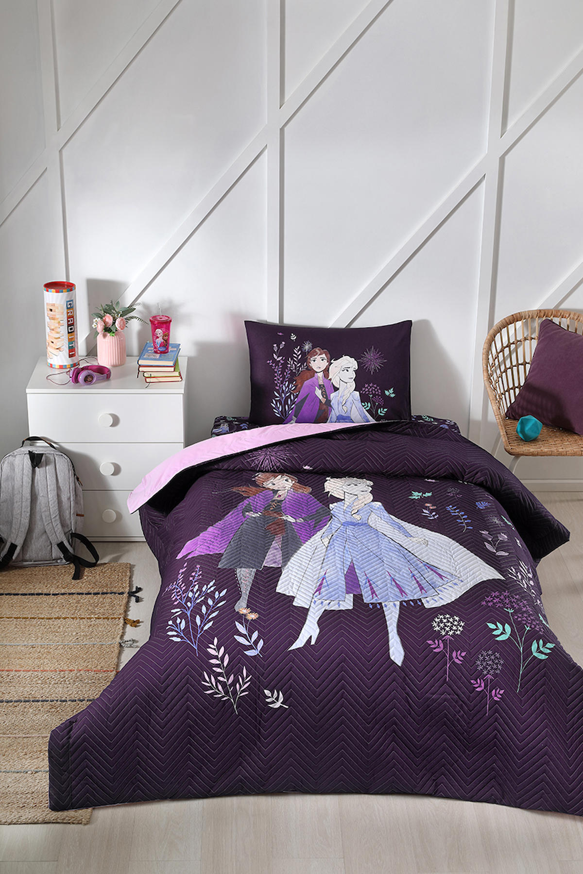 Özdilek Nature Pamuk 160x220 cm Çarşaflı Lastikli Frozen Tek Kişilik Nevresim Takımı Mor