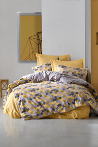Cotton Box Minimal Ranforce Pamuk 160x220 cm Çarşaflı Geometrik Tek Kişilik Nevresim Takımı Sarı