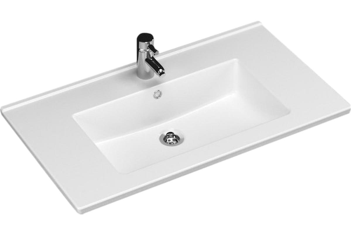 Turavit Bella Etejerli Tekli 80 cm Seramik Tezgah Üstü Dikdörtgen Lavabo Beyaz
