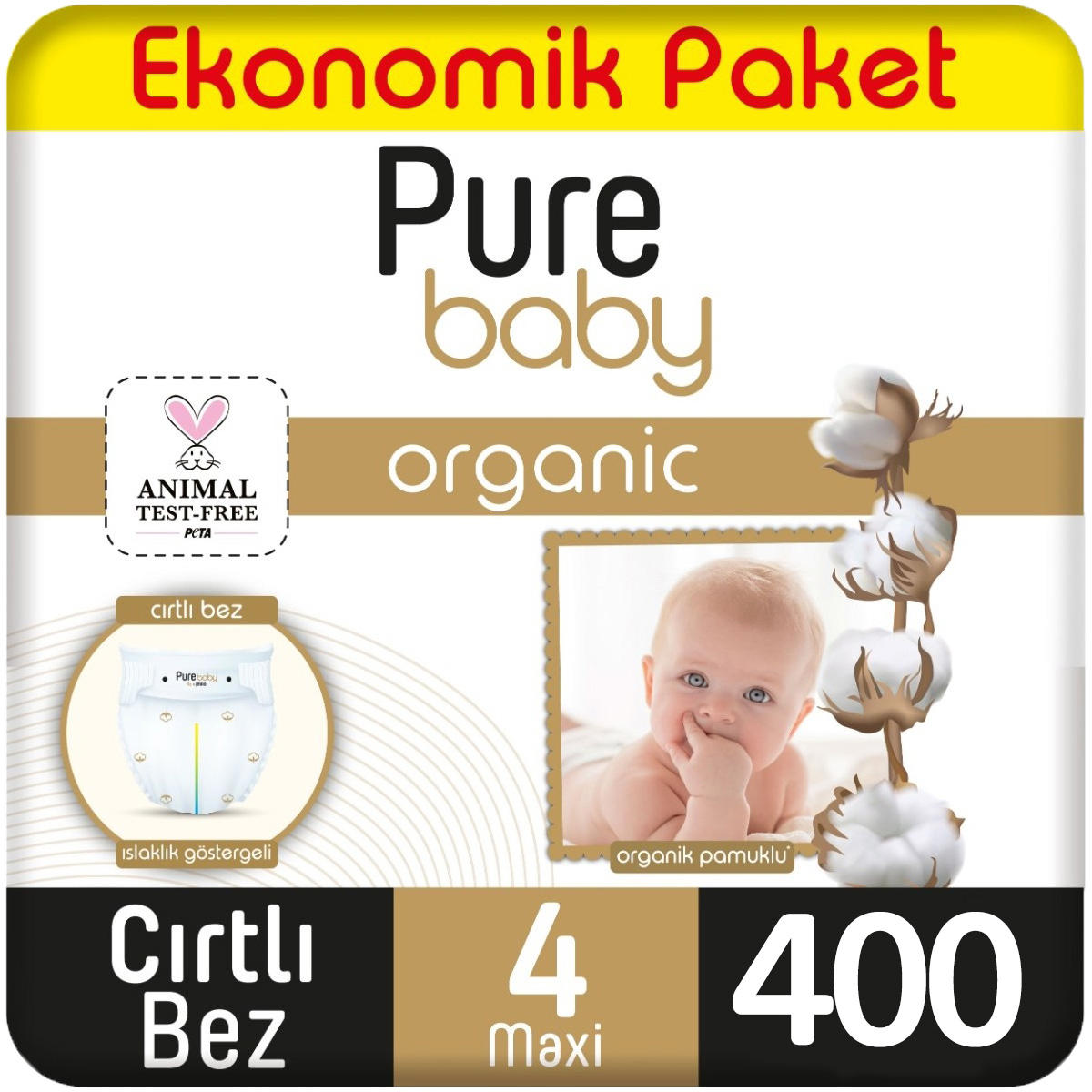 Pure Baby 4 Numara Organik Cırtlı Bebek Bezi 400 Adet