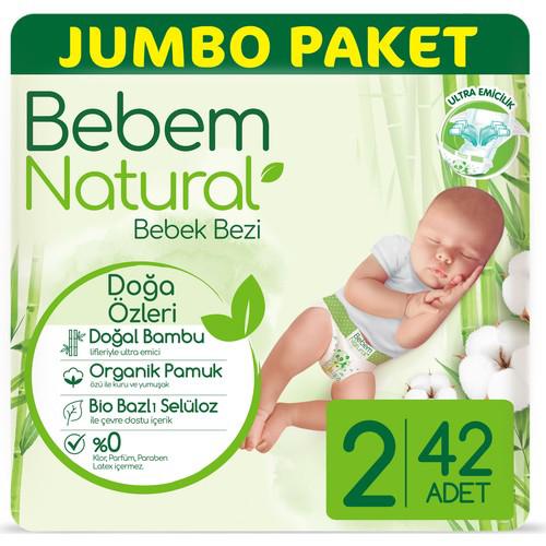 Bebem Natural Jumbo Paket 2 Numara Organik Bantlı Bebek Bezi 42 Adet