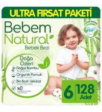 Bebem Natural Ultra Fırsat Paketi 6 Numara Organik Bantlı Bebek Bezi 128 Adet