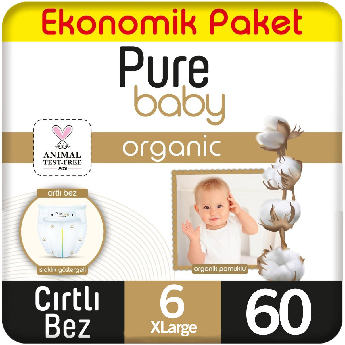 Pure Baby 6 Numara Organik Cırtlı Bebek Bezi 60 adet