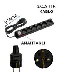 Avarson 3x1.5 TTR 3500 W Topraklı Anahtarlı 6'lı 9 m Uzatma Kablosu Siyah