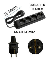 Avarson 3x1.5 TTR 3500 W Topraklı 4'lü 25 m Uzatma Kablosu Siyah