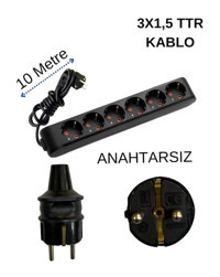 Avarson 3x1.5 TTR 3500 W Topraklı 6'lı 10 m Uzatma Kablosu Siyah