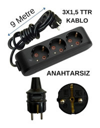 Avarson 3x1.5 TTR 3500 W Topraklı 3'lü 9 m Uzatma Kablosu Siyah