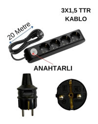 Avarson 3x1.5 TTR 3500 W Topraklı Anahtarlı 4'lü 20 m Uzatma Kablosu Siyah