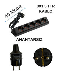 Avarson 3x1.5 TTR 3500 W Topraklı 5'li 40 m Uzatma Kablosu Siyah