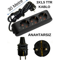 Avarson 3x1.5 TTR 3500 W Topraklı 3'lü 30 m Uzatma Kablosu Siyah