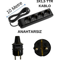 Avarson 3x1.5 TTR 3500 W Topraklı 4'lü 10 m Uzatma Kablosu Siyah