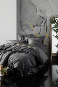 Cotton Box King Saten 4 Mevsim 200 x 220 cm Çarşaflı Çizgili Çift Kişilik Nevresim Takımı Antrasit