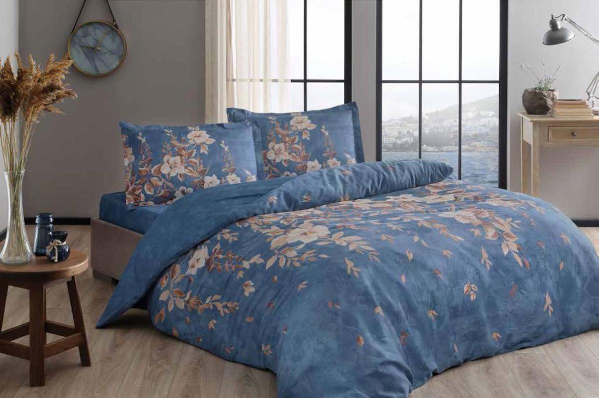 Taç Roanne Saten 4 Mevsim 200 x 220 cm Çarşaflı Çiçekli Çift Kişilik Nevresim Takımı Mavi