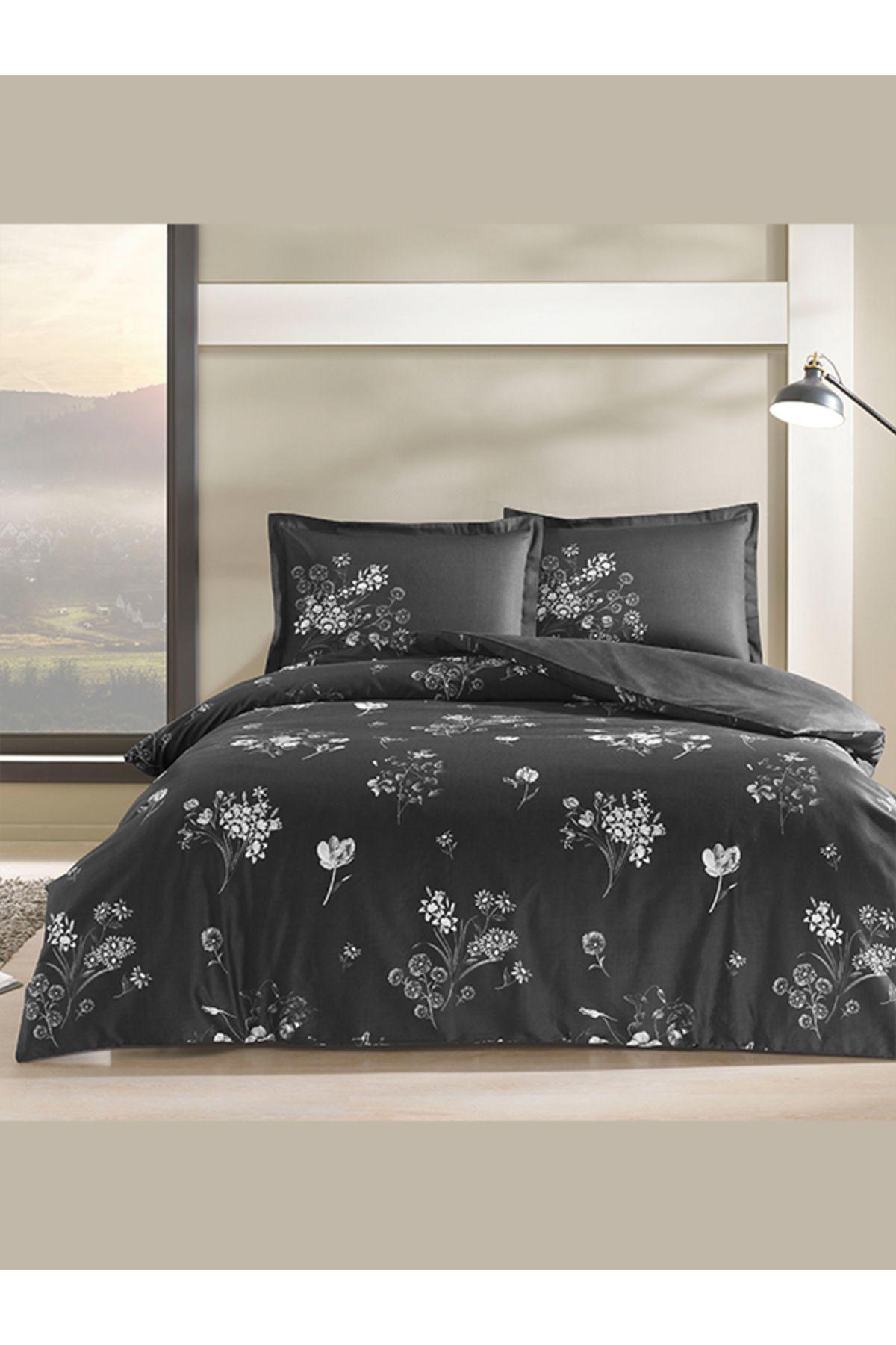 Nishev Saten 4 Mevsim 200 x 220 cm Çarşaflı Desenli Çift Kişilik Nevresim Takımı Siyah