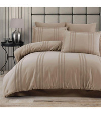 Clasy Melkor V4 Ranforce 4 Mevsim 200 x 220 cm Çarşaflı Çizgili Çift Kişilik Nevresim Takımı Bej