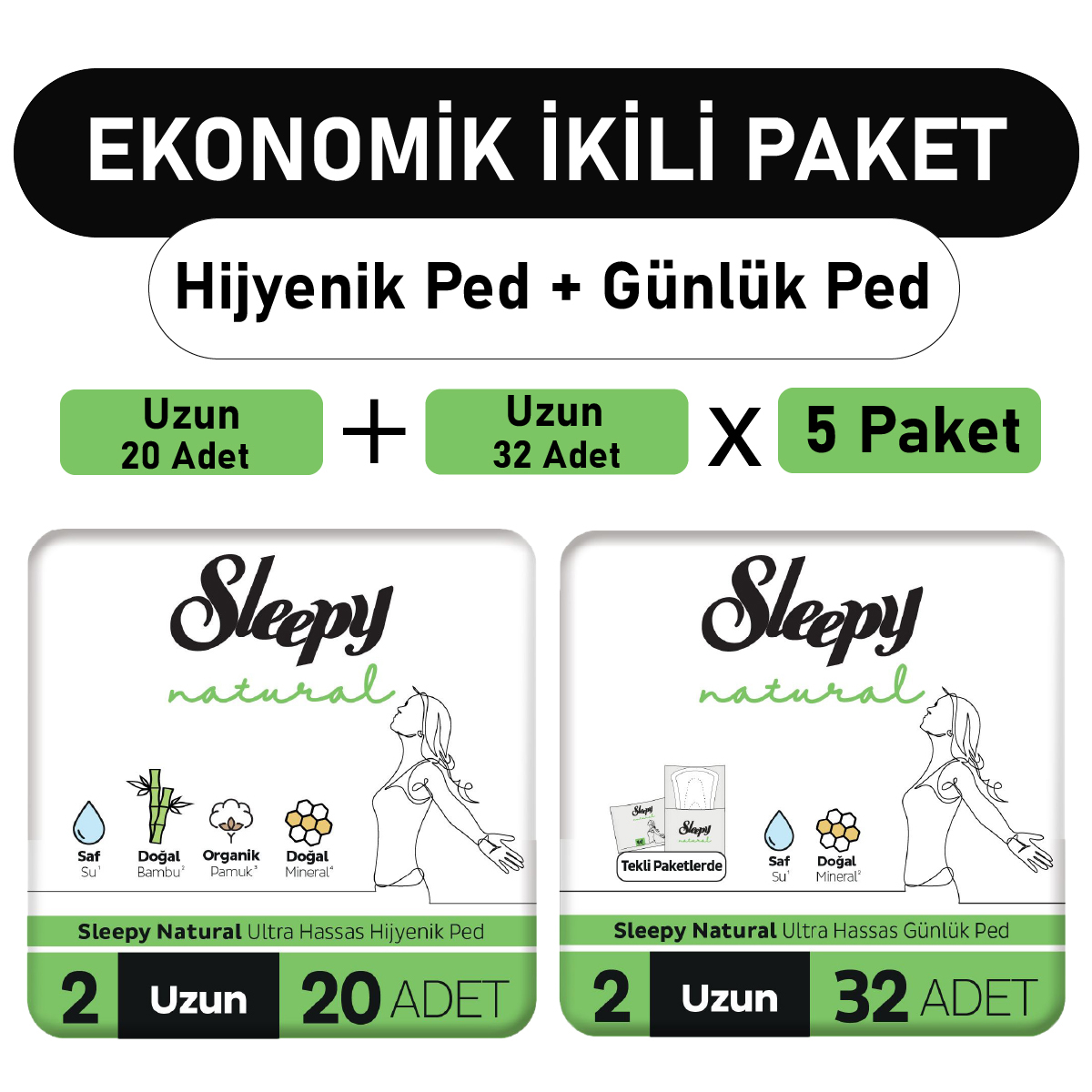 Sleepy Natural Organik Antialerjik İnce 20'li+32'li Hijyenik Ped 5 adet
