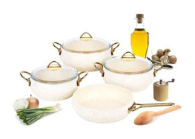 Özkent Güveç 7 Parça Cam Kapaklı Çelik Saplı Granit Tencere Seti